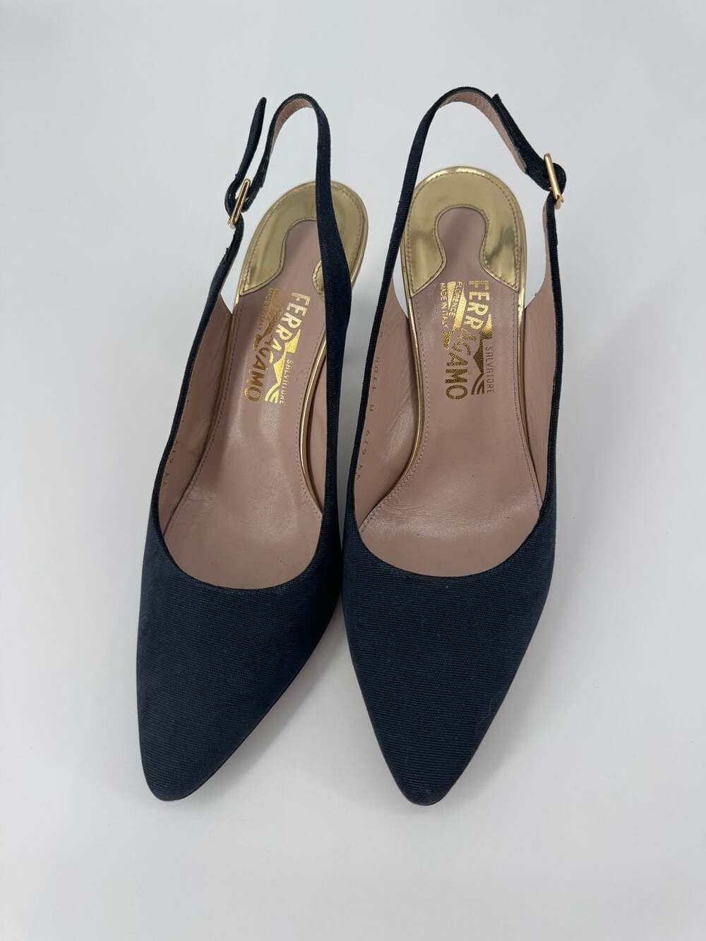 Salvatore Ferragamo Blue Fabric Slingback Kitten Heel Pumps